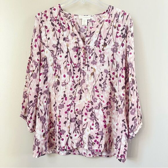 Cynthia Rowley Button Popover 3/4 Sleeve Floral Print Top Blouse SZ L - Picture 1 of 10